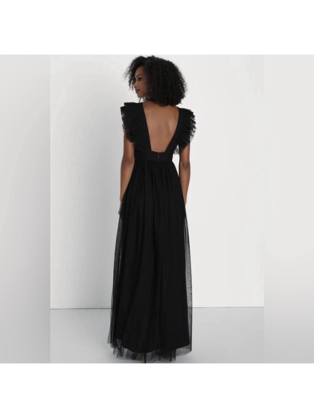 Lulus | NWT Simply Delighted Black Deep V Mesh Ruffle Backless Maxi Dress Size S - Picture 2 of 9